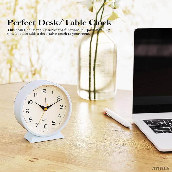 AYRELY® 4.5" Analog Alarm Clock,Small Retro Desk Clock Battery Operated,Slient Metal Table Clock with Light for Living Room Decor,Bedroom,Bedside,Shelf (Light Blue)