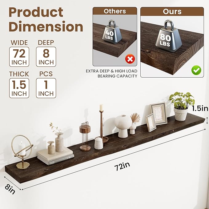 Extra Deep 72" Long Live Edge Rustic Floating Shelves for Wall, Solid Wood Wall Shelves with Invisible Bracket Mount for Living Room Bathroom Bedroom Kitchen, Set of 1, Natural
