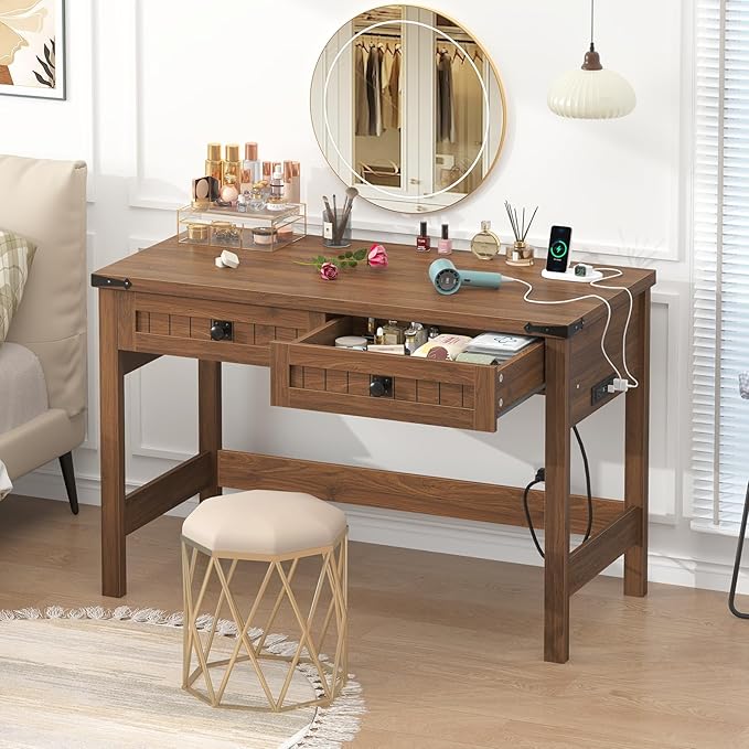 YOMILUVE Farmhouse Computer Desk with 2 Drawers, 39 Inch Small Office Computer Desk with Power Outlets, Compact Writing Study Vanity Desk for Small Spaces, Brown