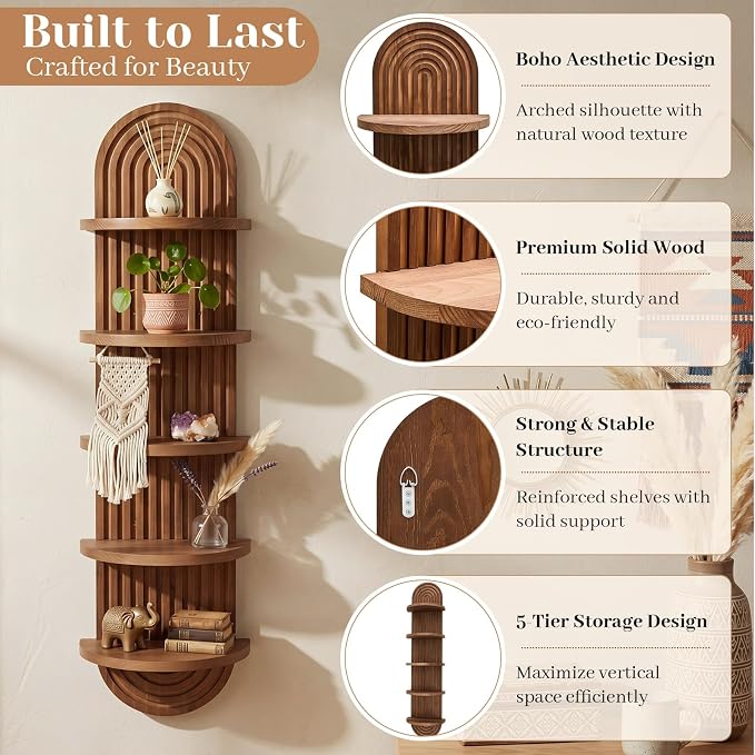 Pinkunn 5 Tier Boho Wall Decor Shelf, 47 Inch Tall Floating Wall Shelf Unit, Pine Wooden Mid Century Arch Decor for Home Bathroom Bedroom Living Room Office Vanity Holding Planter Decoration
