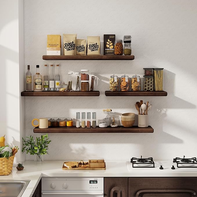 Axeman 36Inch Natural Wood Floating Shelves for Wall|Rustic Wooden Shelves for Bedroom Kitchen Bathroom|Storage Shelf with Invisible Bracket for Wall Mounted|Set of 1|Walnut Color