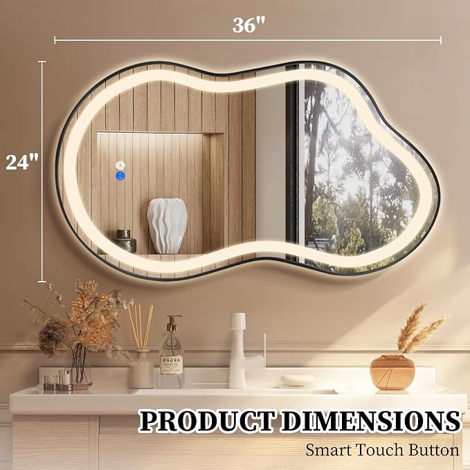 Irregular LED Bathroom Mirror with Lights, Cloud Smart Backlit Mirror, Dimmable Lighted Bathroom Mirror with Anti-Fog, Asymmetrical Vanity Mirror Hangable 2 Ways (Black, 24" x 36", 2 Pack)