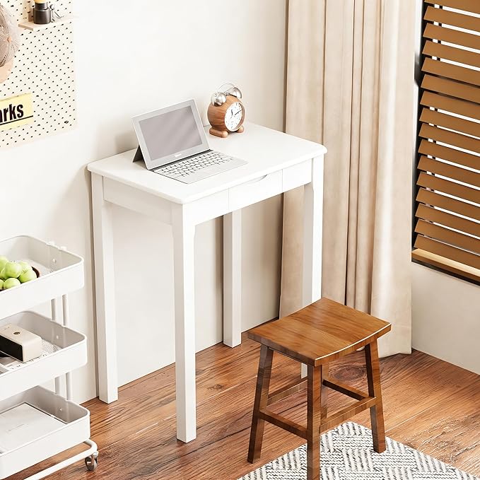 Solid Wooden Desk with Drawers - 24 x 16 Inch Narrow Desks for Small Spaces, Rubberwood Simple Study Table, Small Writing Desk for Bedroom - Modern White Desks