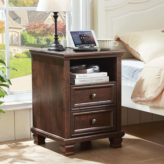 Farmhouse Nightstand with Charging Station, Rustic Brown Nightstand, 2 Drawers End Table, Bedside Table with Open Shelf for Bedroom, Walnut