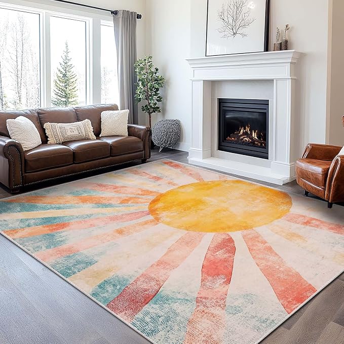 9x12 Boho Sun Area Rug Retro Orange Yellow Blue Beige Bedroom Rug Low Pile Thin Large Carpet Living Room Non Slip Dining Room Stain Resistant Office Washable Machine Classroom