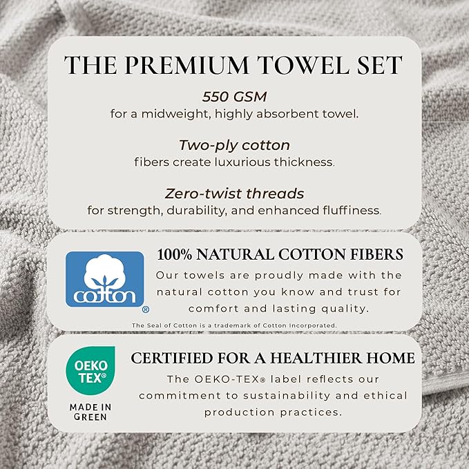 Great Bay Home 100% Cotton 6 Pack 26x16 Hand Towel Set - Absorbent, Quick-Drying, Durable Towels for Bathroom Decor - Low-Twist, Two-Ply Fibers (Light Grey)