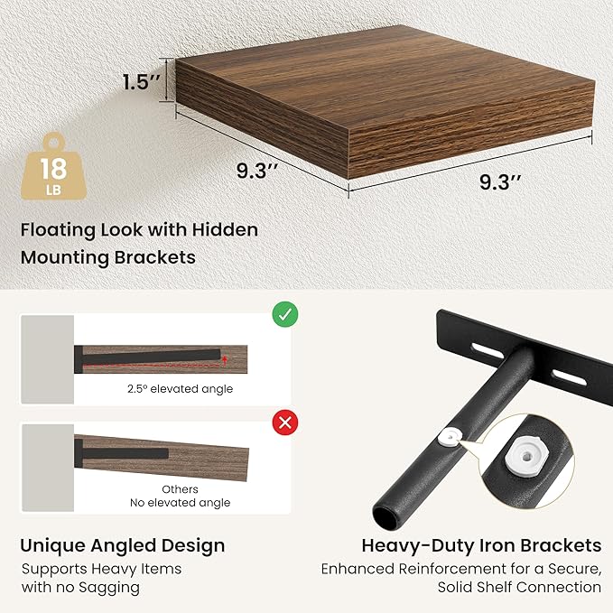 Fun Memories Rustic Wood Floating Shelves for Wall, Space-Saving Wall Mounted Shelves for Bathroom, Bedroom, Living Room and Kitchen, Stylish Storage & Display (Set of 4, Walnut, 9.3 in)