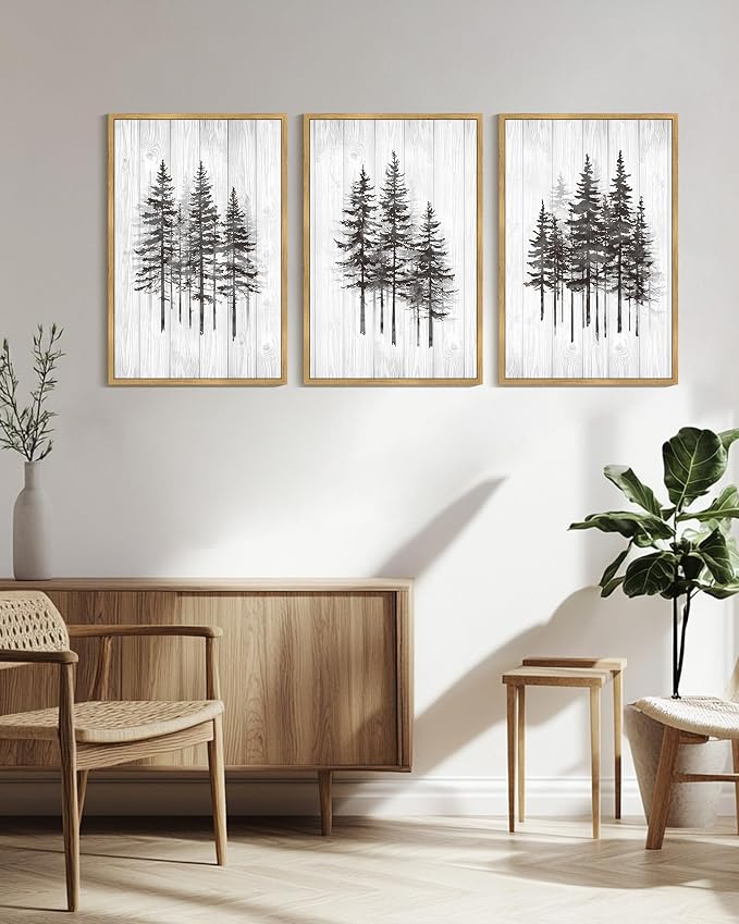 KUVIOKE Woodcut Pine Tree Framed Wall Art Nature Abstract Forest Wall Decor Rustic Minimalist Painting for Bedroom Dining Room 24x36in (Natural Framed)
