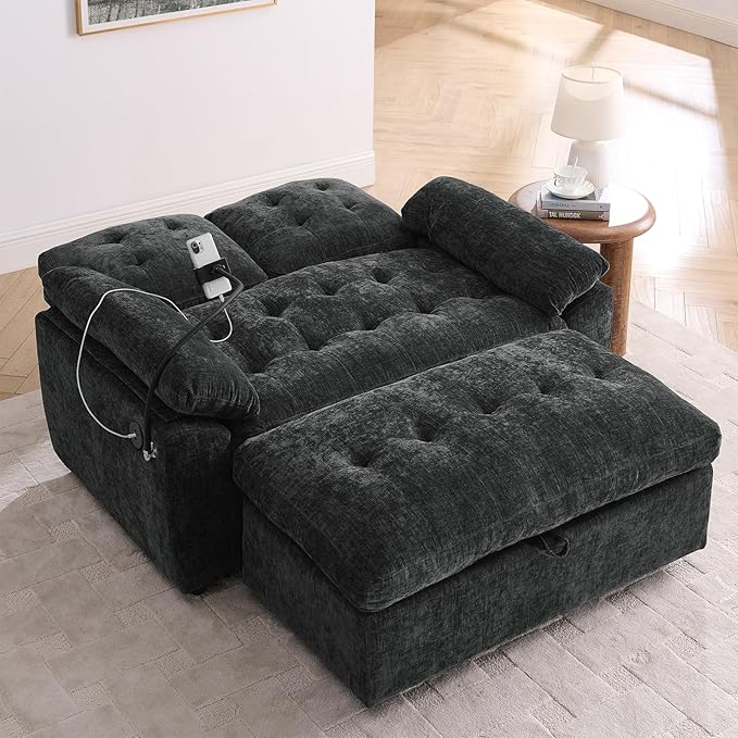 Oversized Chaise Lounge Chair Indoor, Double Convertible Recliner Reading Arm Sofa Chair W/Adjustable Backrest & Charging Port Couch Bed for Living Room, Home Theater & Bedroom, Black