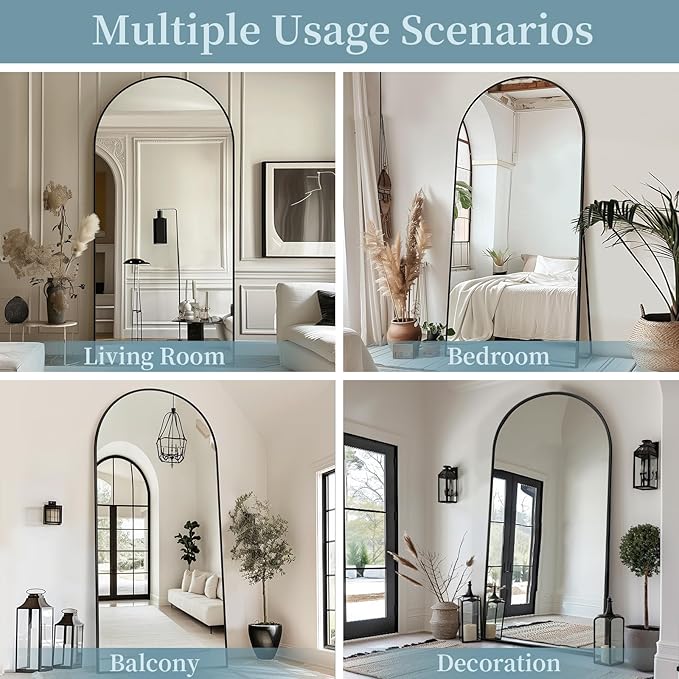 Full Length Mirror with Stand, 76"x34" Arched Full Body Mirror, Large Stand Up Mirrors, Aluminum Frame Floor Standing Mirrors, Freestanding Hanging Leaning Mounted for Bedroom Living Room, Black