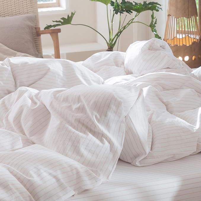 MooMee Striped Duvet Cover Set 100% Washed Cotton Linen Like Textured Breathable Durable Soft Comfy (White Heathered Greyish Pink Wide Stripes, Cal King 104"x98")
