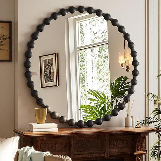 Easly Round Mirror for Wall, 36 Inch Black Beaded Frame Decorative Vanity Mirror, Circle Bathroom Mirror with High-Definition Lense, Modern Wall Decor for Bathroom, Living Room, Bedroom, Entryway