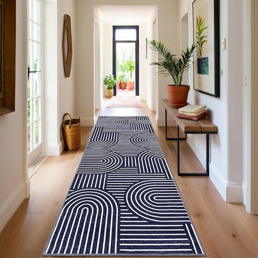 Modern Rug 2.5x10 Runners for Hallways, Abstract Kitchen Runner Rugs Non Slip Bath Mat, Rainbow Washable Runner Rug for Bedroom, Soft Long Rugs for Entryway Bathroom Laundry Dorm, Blue