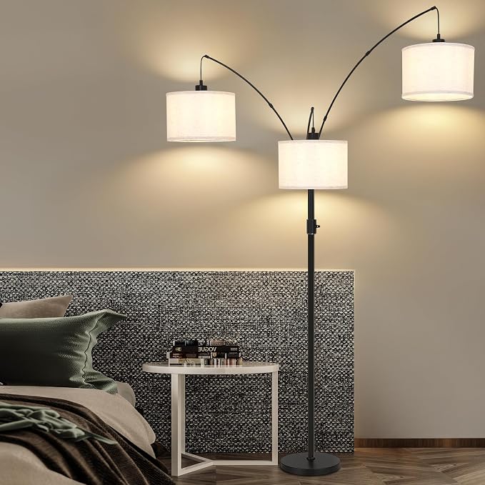 AHDWDW Dimmable Arc Floor Lamp-3 Lights Floor Lamps for Living Room,Modern Tall Standing Lamp with Beige Drum Shades&Heavy Base,Mid Century Tree Floor Lamp for Bedroom Corner Office,Bulbs Included