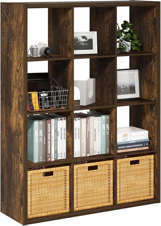 Furinno Cubicle Book Shelf, 12-Cube Bookshelf, Extra Thick Frame Reversible Bookcase with Open Back, 14.6" x 44" x 58", for Living Room, Bedroom, Home Office, Amber Pine