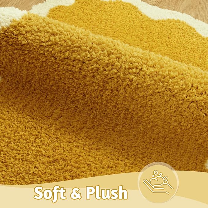 Uphome Bathroom Rug Runner, Cute Long Irregular Shaped Bathroom Rug Absorbent Non Slip, 18x47 Machine Washable Soft Shaggy Microfiber Bath Mat for Floor, Tub, Shower, Yellow