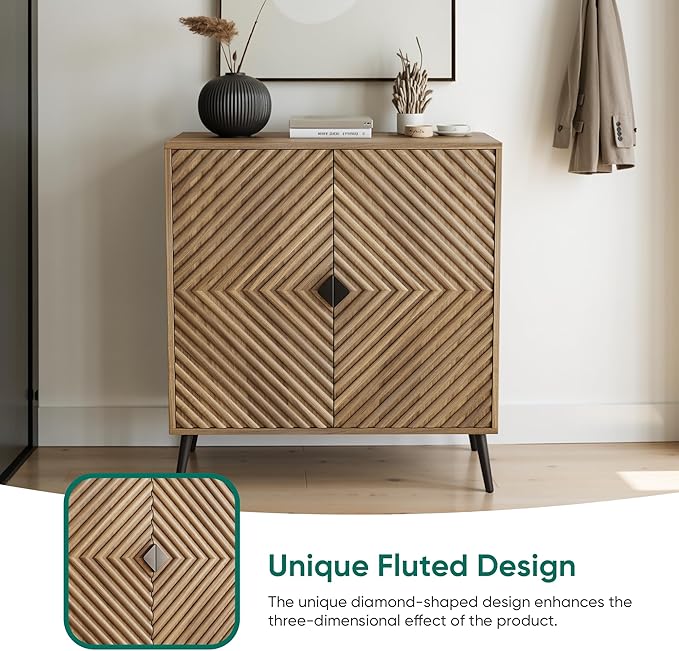 Smuxee Walnut Sideboard Cabinet with Fluted Diamond Doors, Freestanding Buffet Cabinet with Adjustable Shelf, Wood Storage Cabinet for Living Room, Entryway, Hallway
