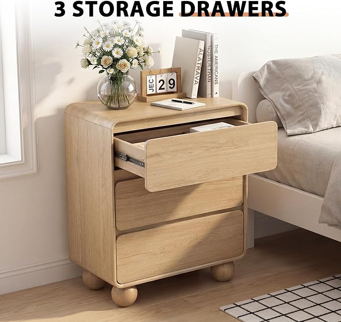 AVZEAR Modern3 Drawer Dresser for Bedroom, Curved Wooden Dresser Chest of Drawers, 3 Drawer Nightstand Closet Clothes Storage Organizer for Kids Bedroom, Living Room, Nursery, Natural