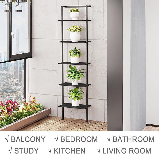5-Tier Ladder Shelf, Wall Mounted Ladder Bookshelf with Metal Frame, Wood Tall Open Storage Rack and Display Shelves for Home Office Bedroom Living Room, Black