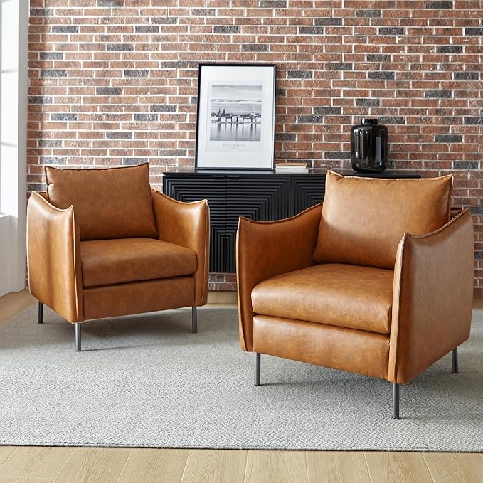 HULALA HOME PU Leather Vintage Armchair, Mid Century Accent Chair, Club Chairs Set of 2, Arm Chair for Living Room/Office/Bedroom/Study, Camel