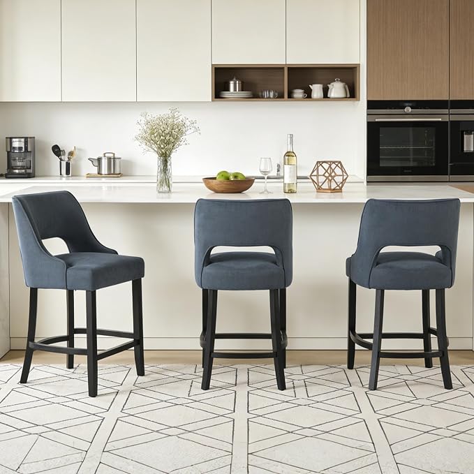 ClinQ Bar Stools Set of 6, 26" H Counter Height Bar Stools with Backs, Modern Upholstered Accent Barstools with Curved Footrest for Kitchen Island, Dining Room and Bar, Navy-Black Legs