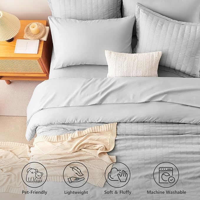 CozyLux Oversized Queen Comforter Set with Sheets, 7 Pieces 98"x98" Light Grey Seersucker Bed in a Bag, Light Gray Bedding Sets with Down Alternative Comforter, Sheets, Pillowcases & Shams, Home Gift