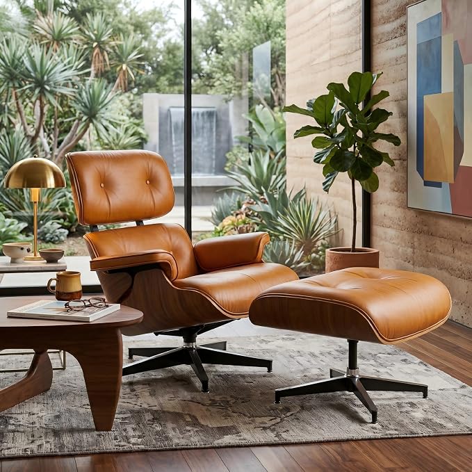 Mid Century Chaise Lounge Chair with Ottoman, Top Black Grain Leather, Modern Office Chair Classic Design, Heavy Duty Base Support for Living Room Study Lounge Office