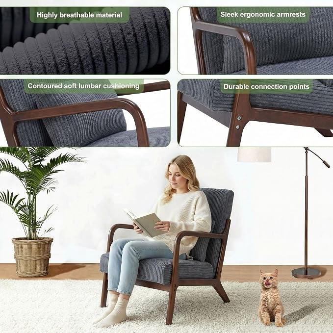 Set of 2 Mid Century Modern Accent Chair with Solid Rubber Wood Frame, Comfy Corduroy Reading Armchair with Lumbar Pillow, Heavy Duty Lounge Chair for Bedroom, Living Room & Small Spaces