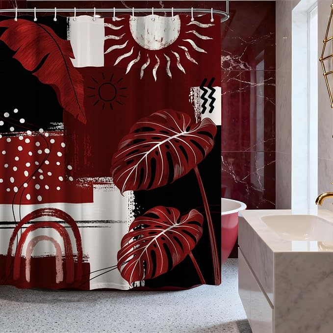 Black and Red Mid Century Modern Shower Curtain Bohemian Abstract Burgundy Shower Curtains for Bathroom Decor Sets, Waterproof Cloth Fabric with Hooks, 70x78 Inch