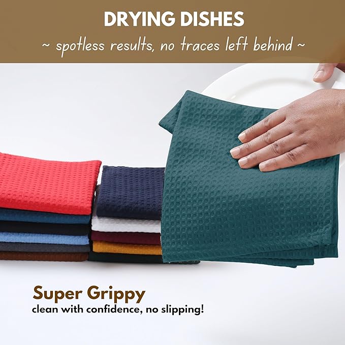 Native Fab Waffle 18 Pack Dish Cloths - Cotton, 12x12 inches, Absorbent, Quick Drying, Washable Towels for Cleaning, Cooking & Baking - Ideal for Home, Restaurants, Bars & Multi Use - Teal Green