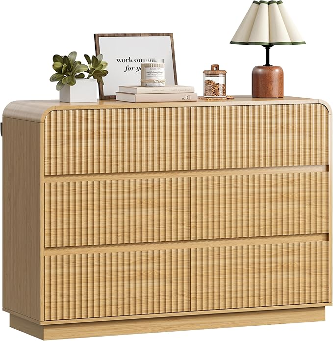 Oak Dresser Fluted 6 Drawers Dresser for Bedroom, 47" Wide Wood Chest of Drawers with Hidden Handles & Rounded Corners, Modern TV Stand Storage Cabinet for Living Room, Hallway, Entryway