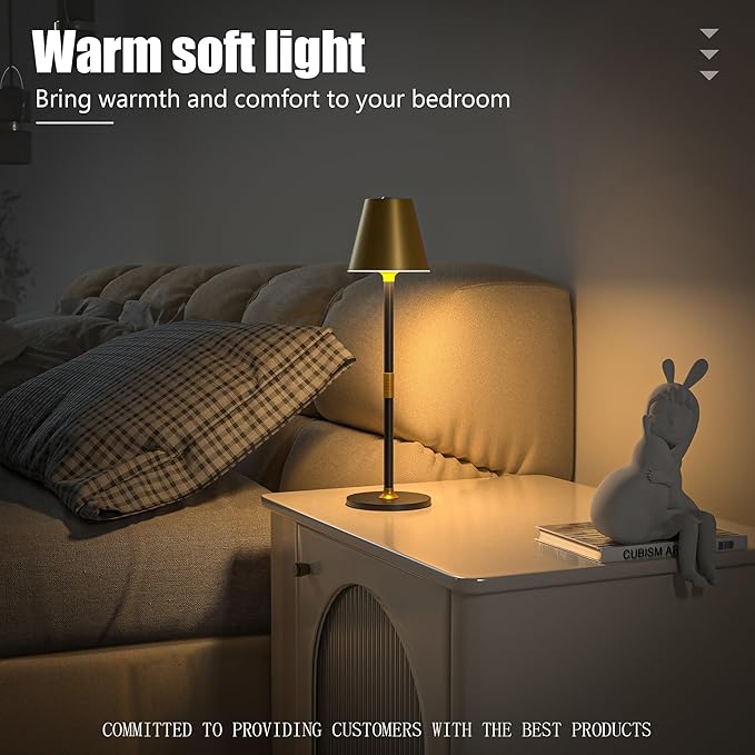 2-Pack Cordless Table Lamps - 5000mAh Rechargeable Battery Operated Desk Lamp, 3-Level Dimmable LED Night Light for Bedroom, Dining, Restaurant - Metal Design(Gold&Black 2-Pack)