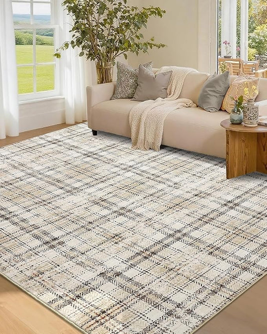 Washable 5x7 Soft Plaid Traditional Tartan Area Rug - Non Shedding, Non Slip, Stain Resistant, for Living Room, Bedroom, Nursery, Office - Beige