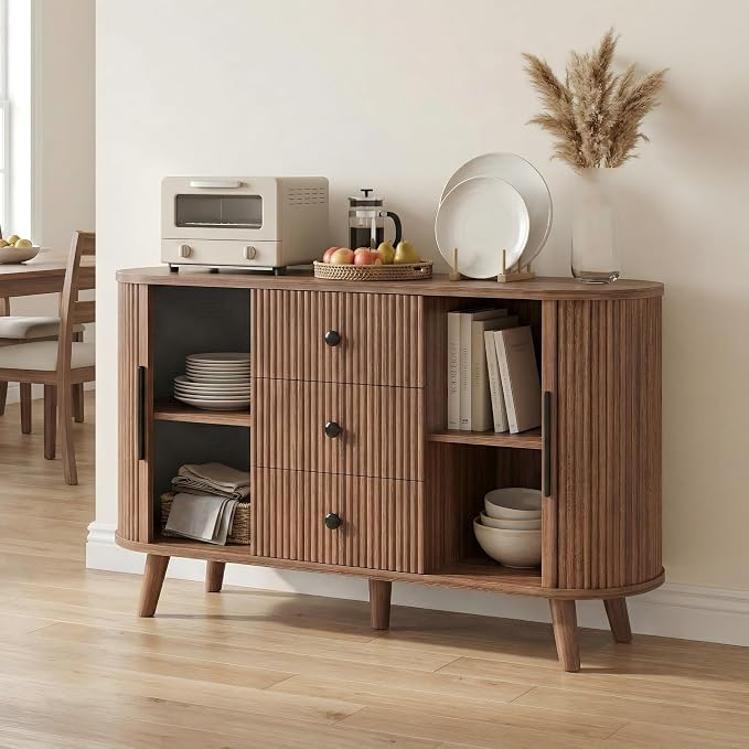 47.2" Mid-Century Modern Fluted Sideboard Buffet Cabinet with Tambour Sliding Doors, 3 Drawers & Adjustable Shelves, Walnut Storage Credenza Console for Living Room, Entryway (Walnut brown)
