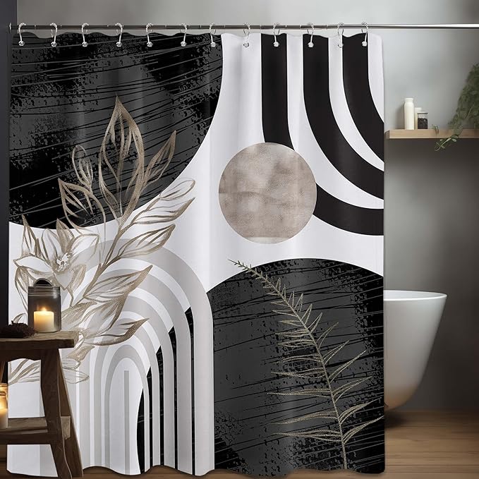 Mid Century Modern Black and White Shower Curtain Cool Charcoal Grey Silver Shower Curtains for Mens Bathroom Decor Sets, Abstract Boho Pattern, Waterproof Cloth Fabric with Hooks 70x84 in
