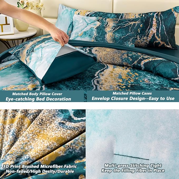 PERFEMET 6 Pieces Full Size Comforter Set Aqua Gold Bed in A Bag Watercolor Marble Bedding Comforter with Sheets Soft Lightweight Abstract Artwork Green Bed Sets for All Season Use(Aqua, Full)