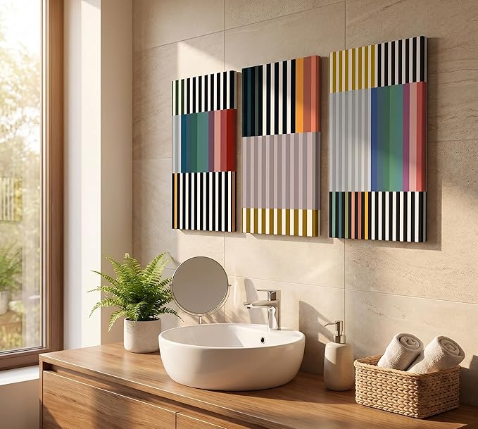 3pcs Abstract Stripes Canvas Wall Art Mid Century Modern Wall Decor Pictures Colorful Simple Line Posters Prints for Living Bedroom office Home Decoration Ready to Hang