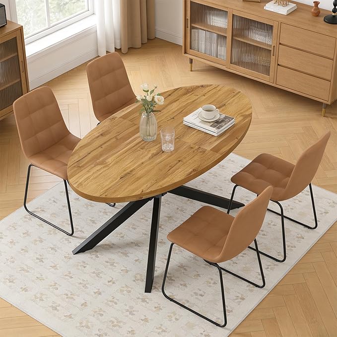 63"-78.7" Extendable Round Dining Table Set for 4, 5 Piece Mid Century Modern Oval Kitchen Table Set, Large Dining Table with 4 Dining Chairs for Living Room Space Saving（Walnut Table+4 Brown Chairs)