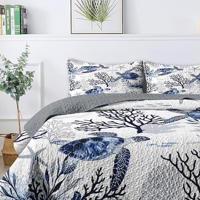 Pamnest Quilt Set Full/Queen Size, Ocean Sea Coral 3 Pcs Soft Bed Cover Bedding Set for Kids and Adults, Blue Animal Turtle Lightweight Bedspread Coverlet with Pillow Sham for All Season
