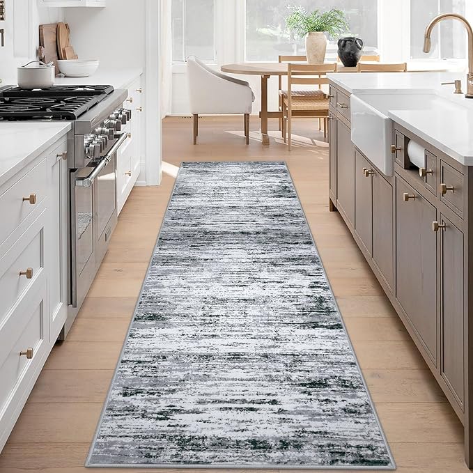 Lansny Modern Abstract Runner Rug 3x8, Black Grey White Washable Kitchen Runner Non-Slip Soft Hallway Rug Runner Thin Print Faux Wool Carpet for Entryway Bedroom Laundry Room Indoor Home Office Decor
