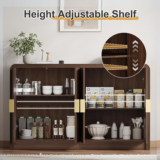 Decofy 55" Fluted Buffet Sideboard Cabinet, Modern Mid Century Console Cabinet with Adjustable Shelves & Wavy Grain Doors for Kitchen Cabinet Storage,Living Room,Entryway,Coffee Bar Cabinet (Walnut)