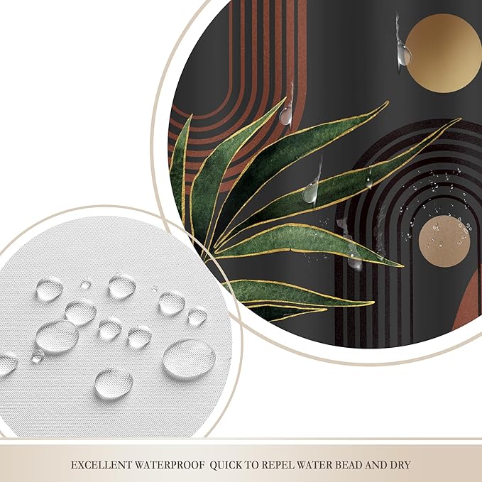 Glawry Dark Green Brown Boho Shower Curtain Abstract Mid Century Retro Tropical Leaves Modern Geometric Bathroom Minimalist Arch Sun 60Wx72L Inches Bath Accessories Art Home Decor Fabric 12 Pack Hooks
