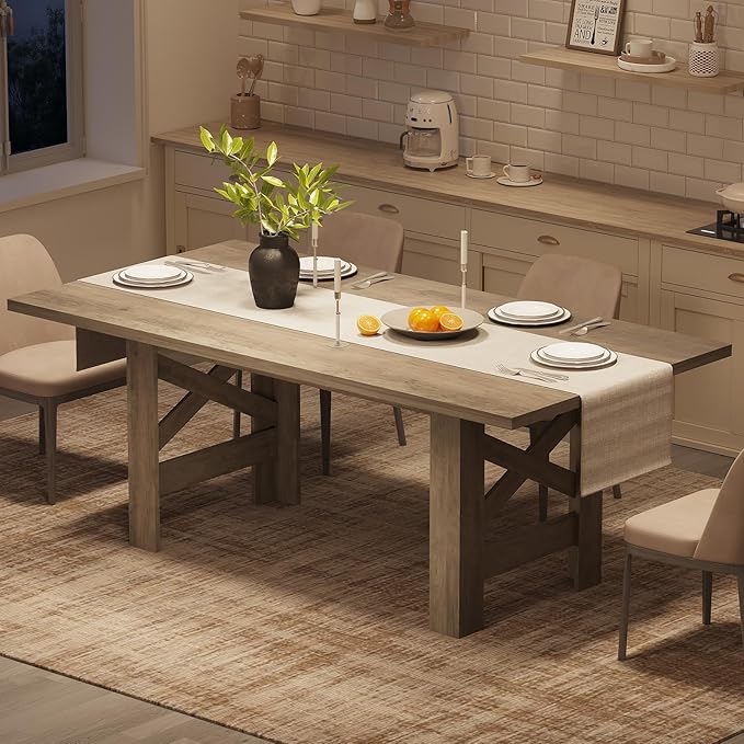GarveeHome Dining Table for 6-8, 71" Long Wooden Farmhouse Barn Kitchen Table with Thick Sturdy Frame, Rectangular Dining Room Dinner Table with Stable Triangular Legs for Kitchen, Office, Retro Gray