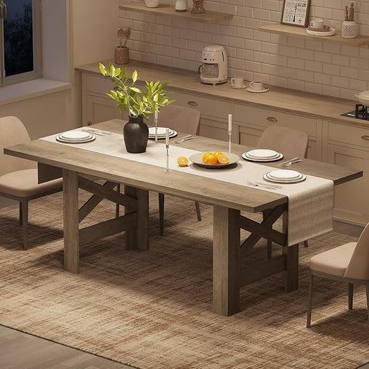 GarveeHome Dining Table for 6-8, 71" Long Wooden Farmhouse Barn Kitchen Table with Thick Sturdy Frame, Rectangular Dining Room Dinner Table with Stable Triangular Legs for Kitchen, Office, Retro Gray