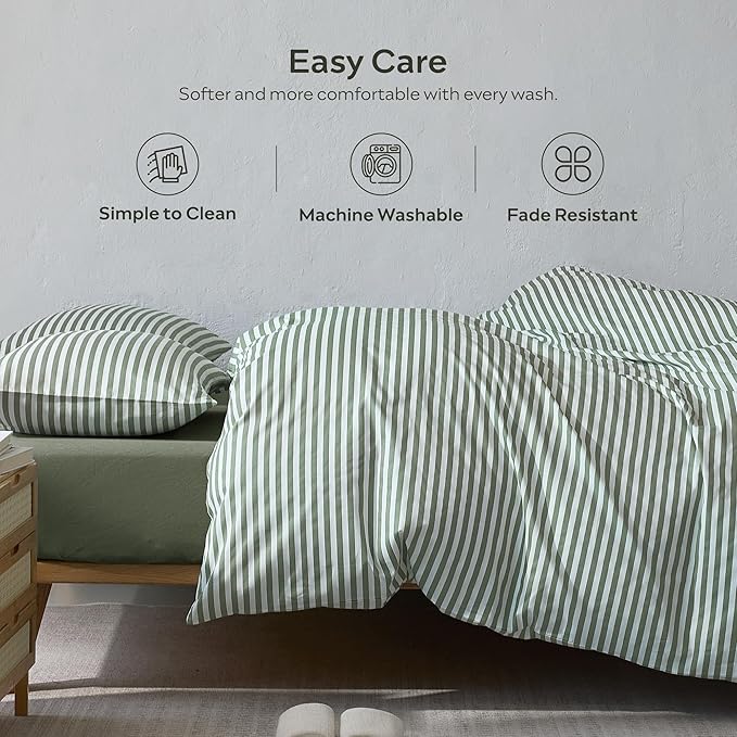 JELLYMONI Striped Duvet Cover Set - King Size Comforter Cover, Classic Green & White Stripes, 100% Cotton 3 Pcs Bedding with Zipper Closure & 8 Corner Ties for Master or Guest Bedroom