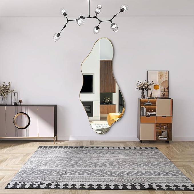 Large Irregular Mirror, 55"x25.6" Asymmetrical Mirrors with Gold Metal Frame, Modern Unique Shaped Abstract Mirror for Living Room Bathroom Bedroom Entryway, Hangs Horizontal Or Vertical