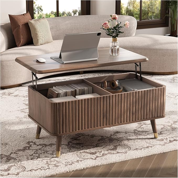 Lift Top Coffee Table with Storage, Mid Century Modern Rectangular Center Table, Fluted Design with Hidden Compartment, Rising Desk for Work from Home, Living Room Furniture, Walnut Finish