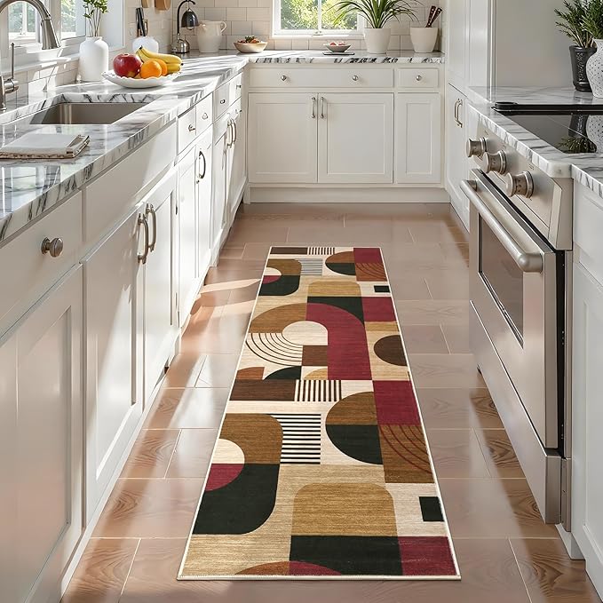 Runner Rugs 2x6, Boho Geometric Print Washable Hallway Runner Long Entryway Rug Soft Low Pile Non-Slip Kitchen Rug Runners for Bedroom Laundry, Burgundy/Brown Multi, 2'x6'