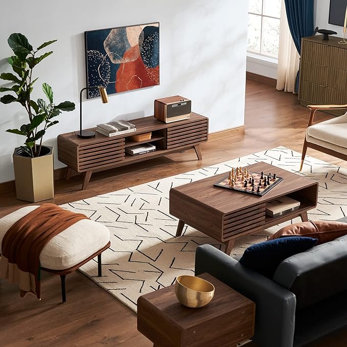 mopio Ensley Coffee Table, Mid Century Modern Table with Storage, Farmhouse Wood Coffee Table for Living Room Fluted (Walnut)