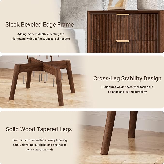 Fluted Nightstand, Beveled Edges Night Stand, 2 Drawer Nightstand with Charging Station, Wooden End Table with Solid Wood Legs, Modern Bedside Table for Bedroom Sofa Home Office, Walnut